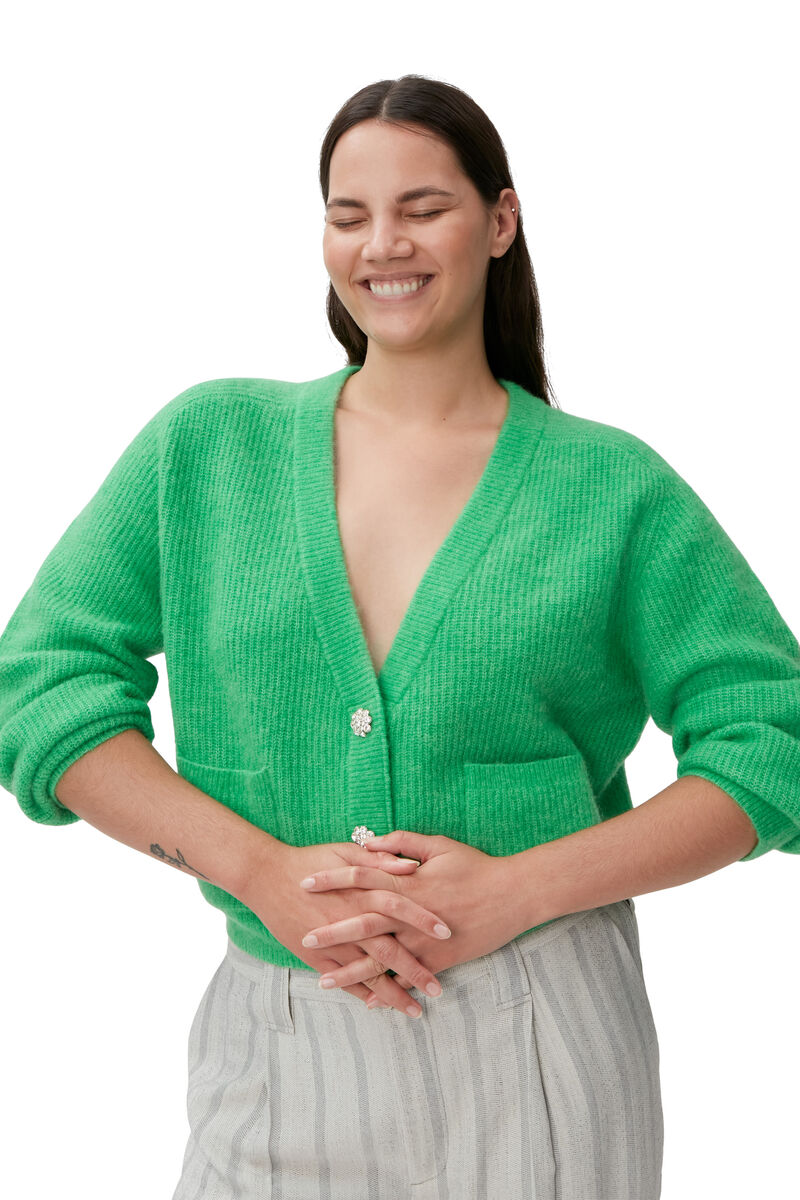 Relaxed Wool Cardigan, Alpaca, in colour Kelly Green - 3 - GANNI