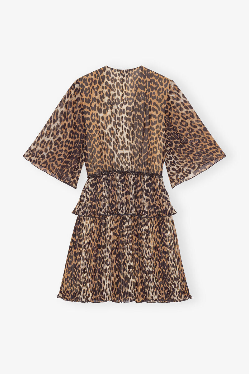 Leopard Pleated Georgette V-neck Flounce Mini Dress, Recycled Polyester, in colour Almond Milk - 2 - GANNI