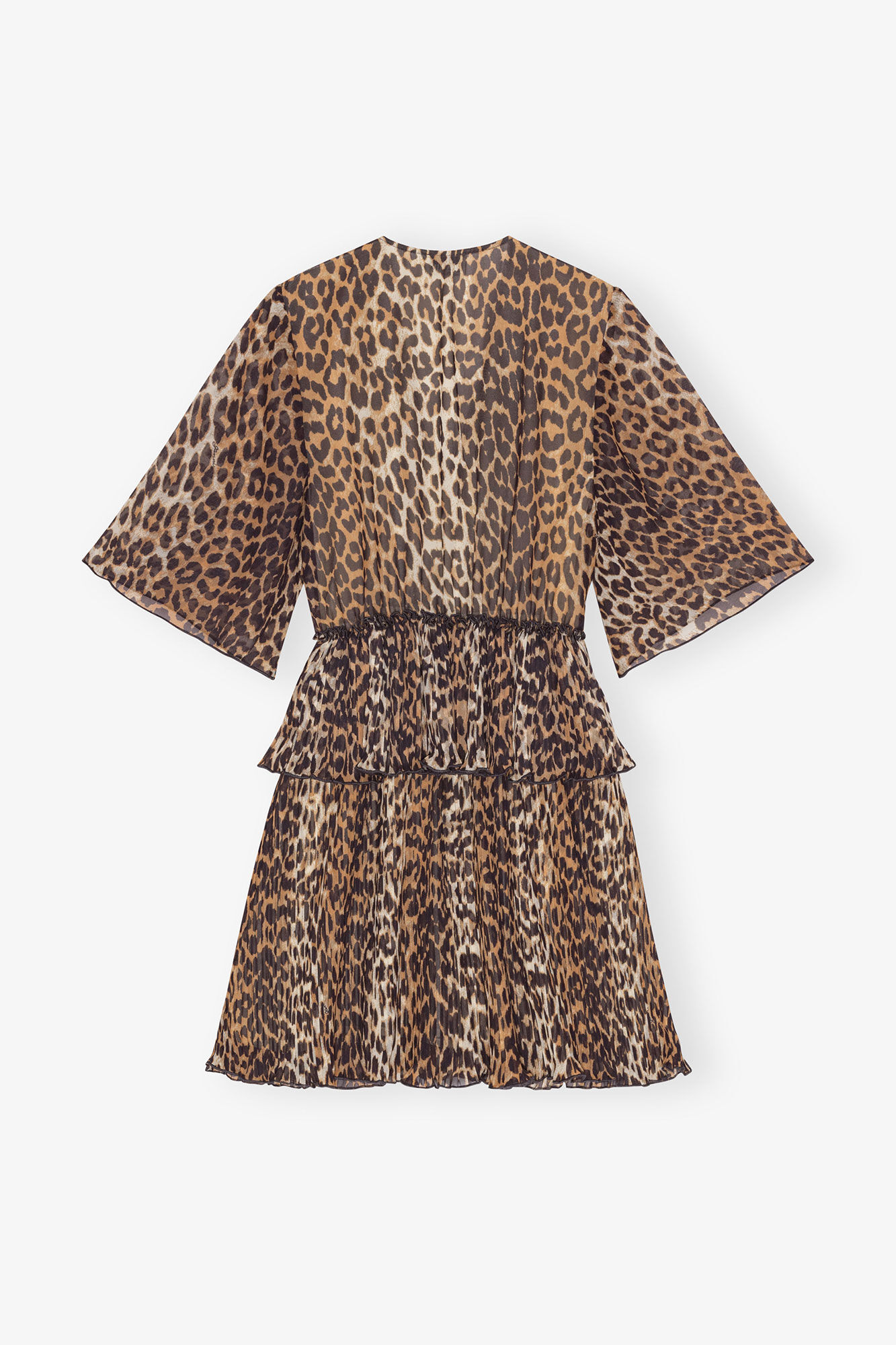 Leopard Pleated Georgette V-neck Flounce Mini Dress, Recycled Polyester, in colour Almond Milk - 2 - GANNI