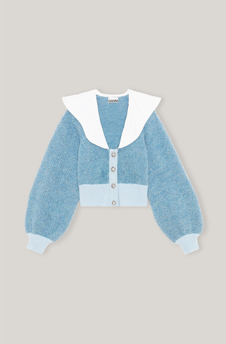Sparkle Knit Wavy Collar Cardigan, Cotton, in colour Placid Blue - 1 - GANNI