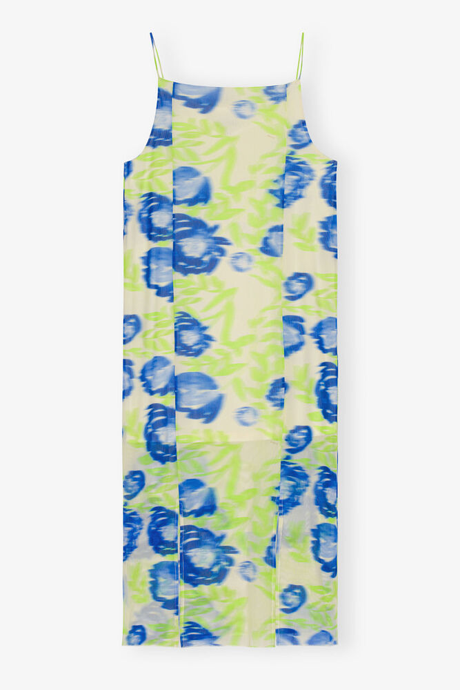 Printed Mesh Slip Dress, Strong Blue