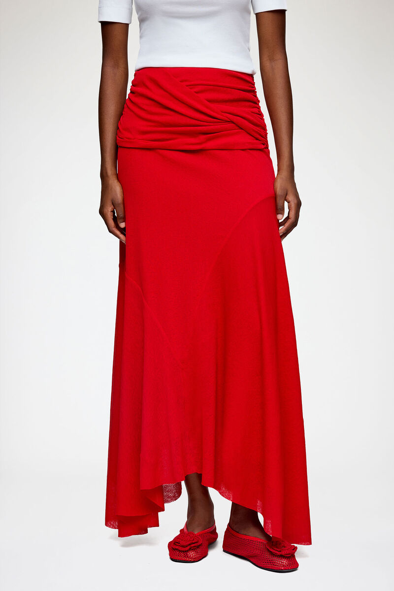 Jupe longue en maille chin&eacute;e rouge, Recycled Polyester, in colour Goji Berry - 2 - GANNI