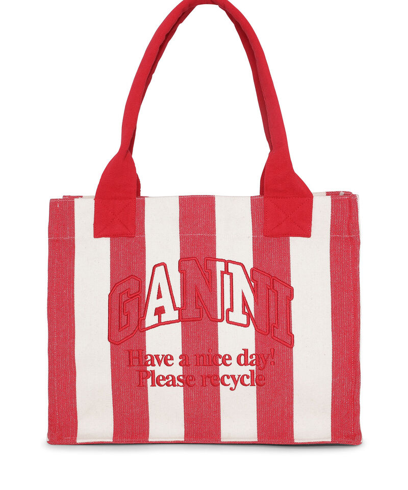 Red Striped Easy Shopper Large, Recycled Cotton, in colour Barbados Cherry - 1 - GANNI
