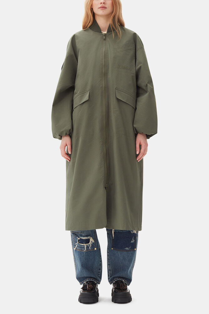 Green Tech Seersucker Oversized Shell Coat, Beetle