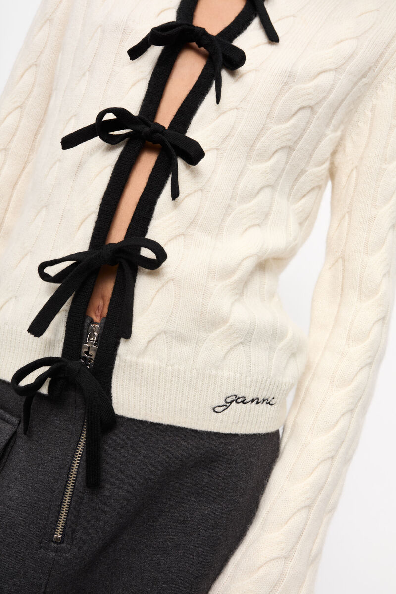 Ivory Cashmere Mix Tie String Cardigan, Cashmere, in colour Egret - 4 - GANNI