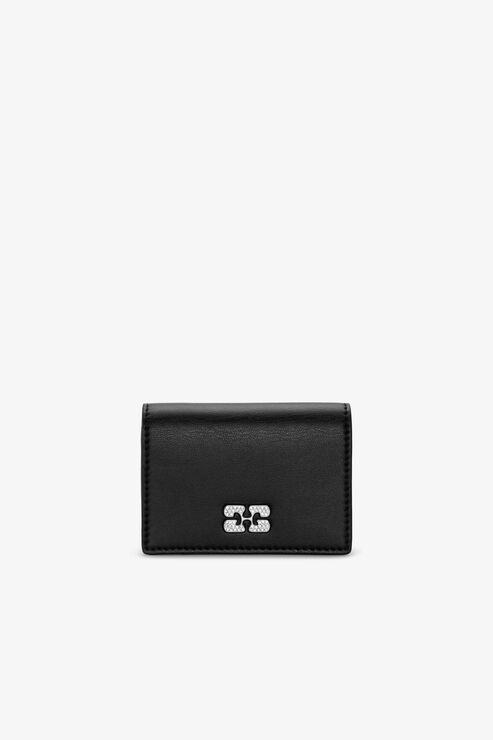 Ganni Bou Flap Card Holder In Black Women's Polyester/Polyurethane/Recycled Leather