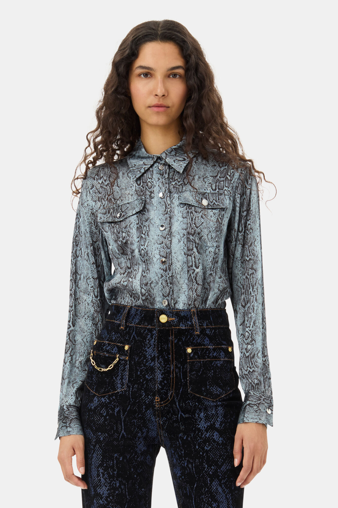 Blue Snake Printed Shirt, Spandex, in colour Celestial Blue - 1 - GANNI