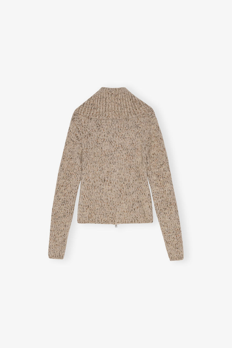 Brown Highneck Zip Cardigan, Alpaca, in colour Safari - 2 - GANNI