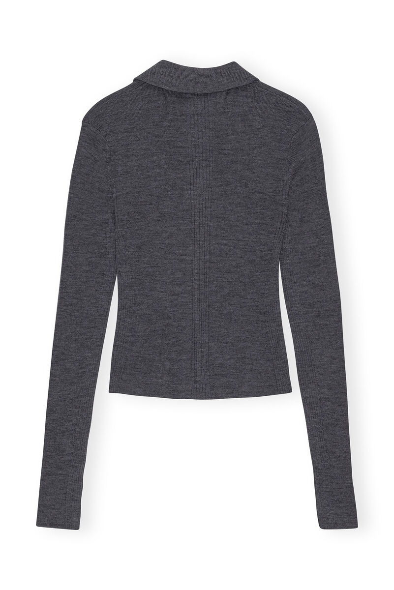 Grey Ribbed Merino Poloshirt, Merino Wool, in colour Frost Gray - 2 - GANNI