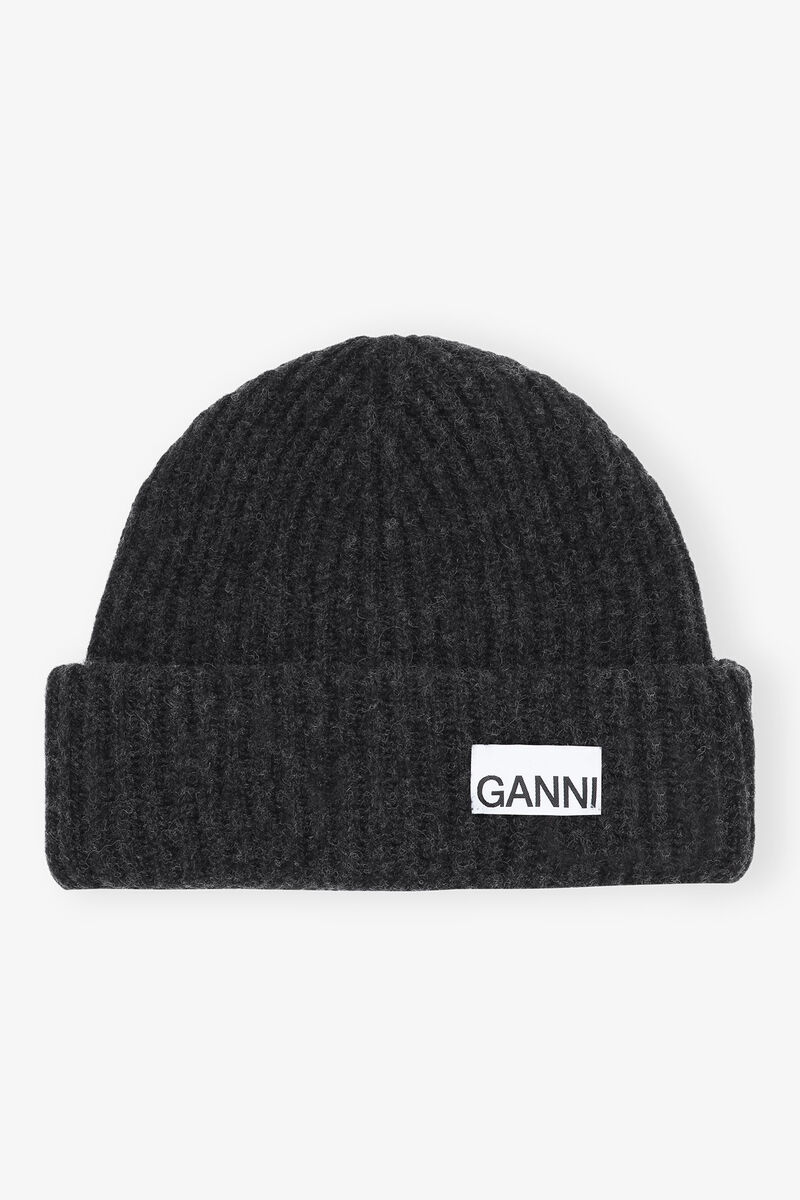 Oversized Wool Rib Knit Beanie, Recycled Polyamide, in colour Phantom - 1 - GANNI
