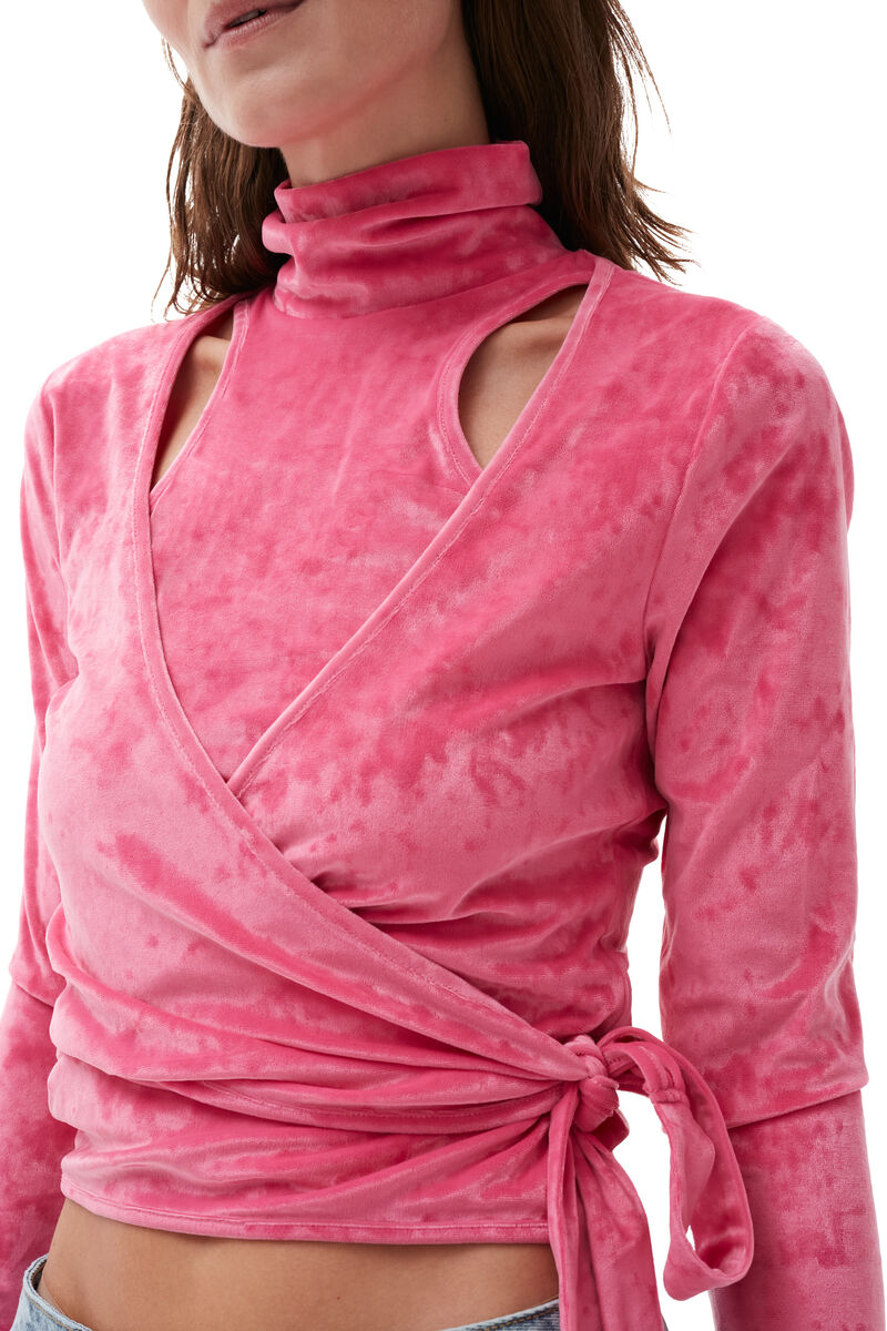 Velvet Wrap Blouse, Elastane, in colour Shocking Pink - 5 - GANNI
