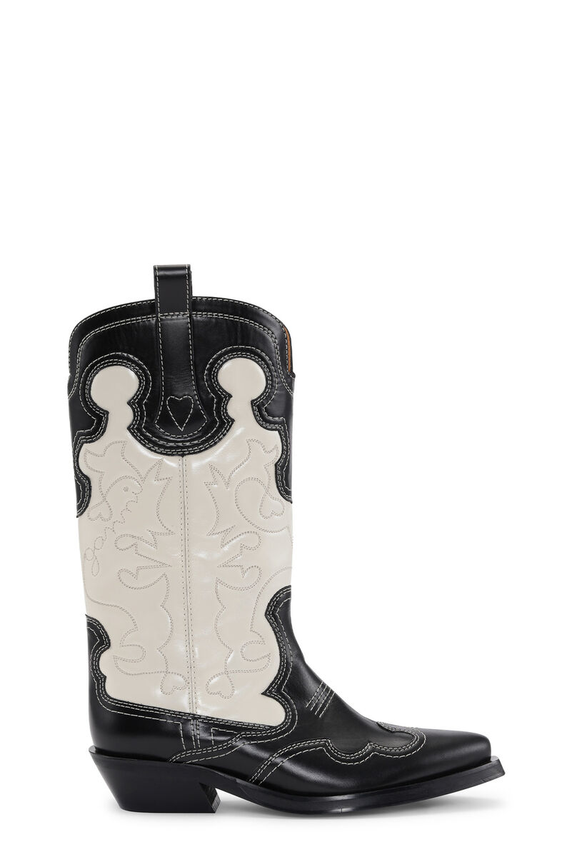 Mid Shaft Embroidered Western Boots, Calf Leather, in colour Black/Egret - 1 - GANNI