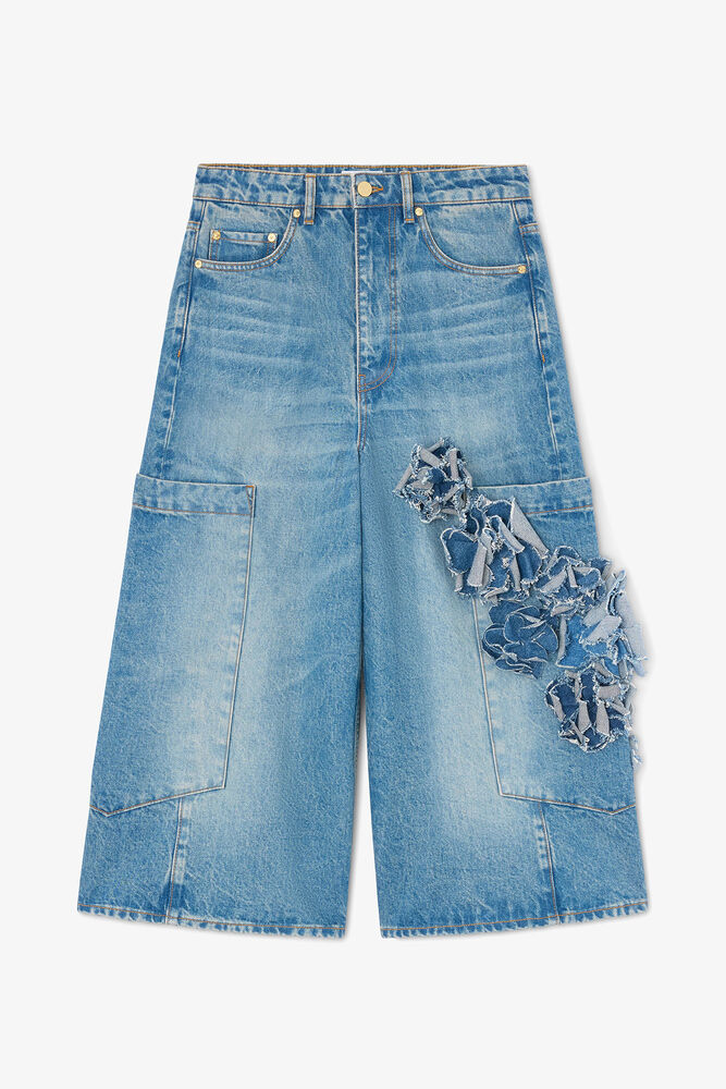 Baggy Cropped Jeans in Flower Print Denim, Mid Blue Stone