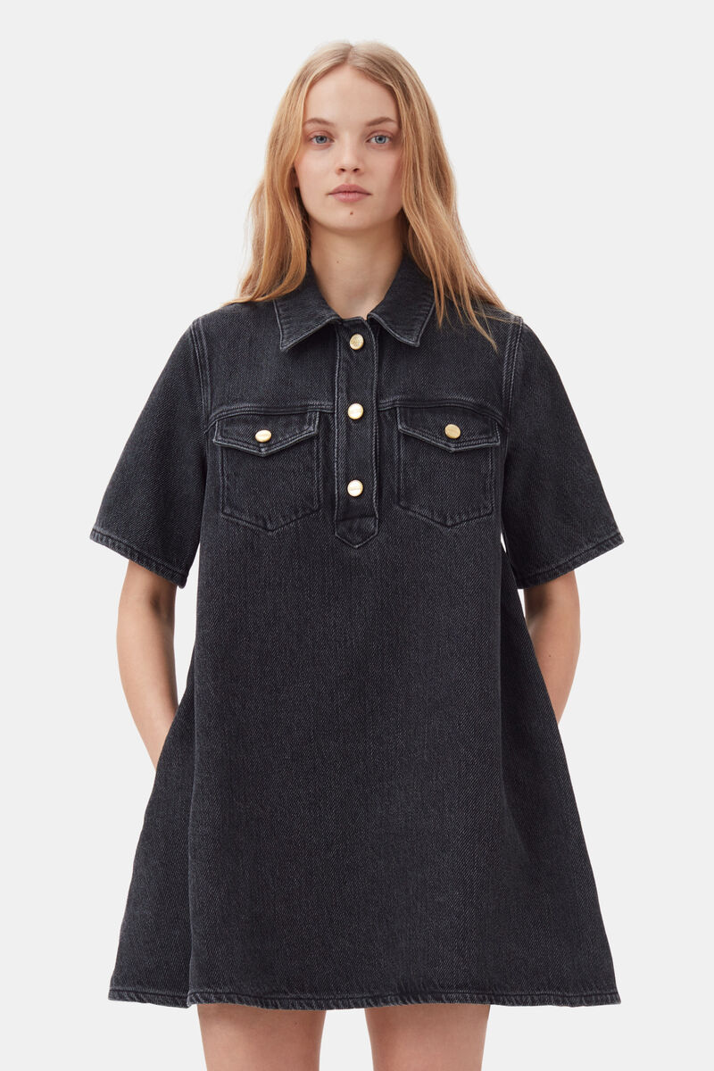 Washed Black Heavy Denim Mini Dress, Cotton, in colour Washed Black/Black - 2 - GANNI
