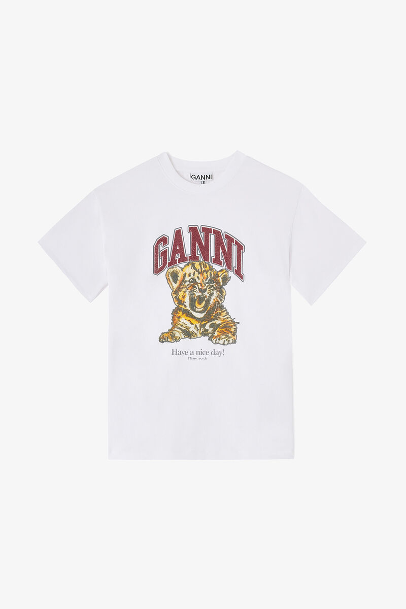 White Beaded Tiger T-shirt, Organic Cotton, in colour Bright White - 1 - GANNI