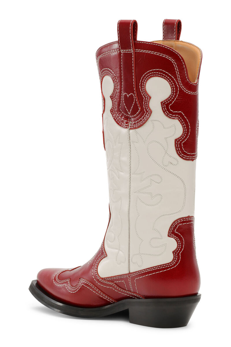 Red/White Mid Shaft Embroidered Western Boots, Calf Leather, in colour Barbados Cherry - 2 - GANNI