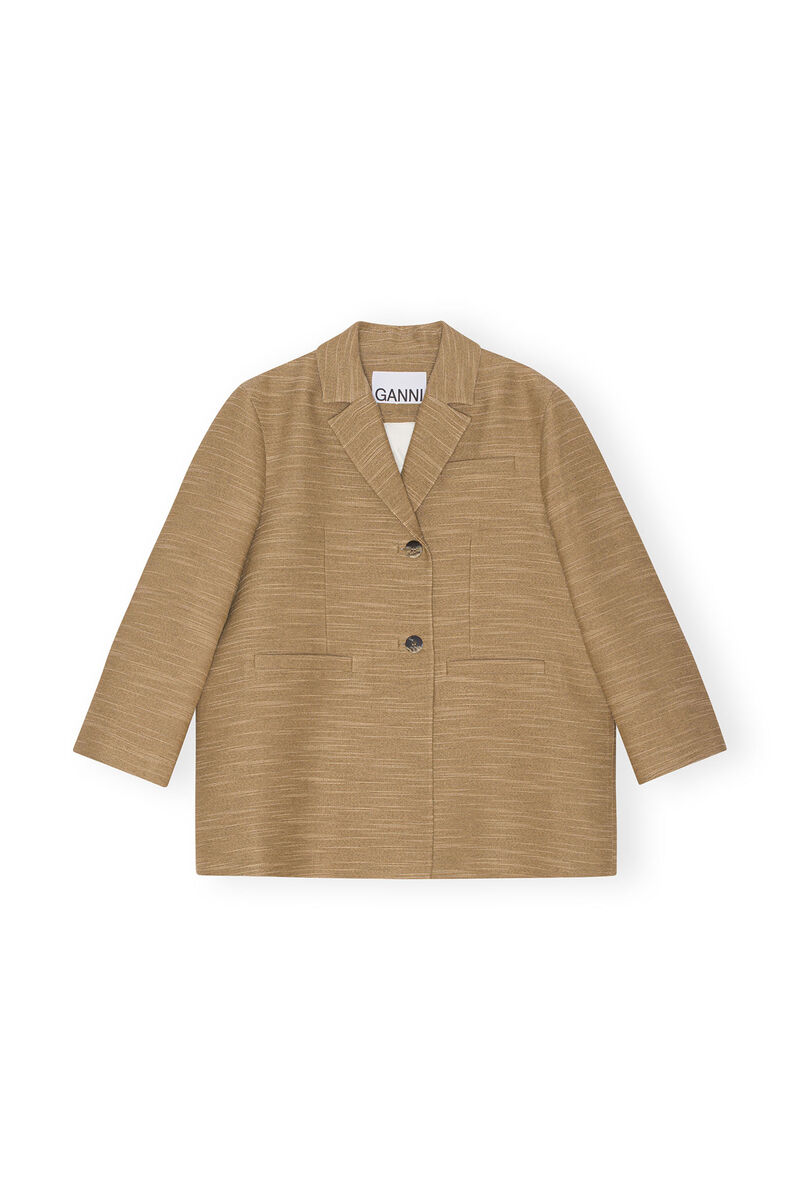Brown Slub Linen Oversized Blazer, LENZING™ ECOVERO™, in colour Petrified Oak - 1 - GANNI