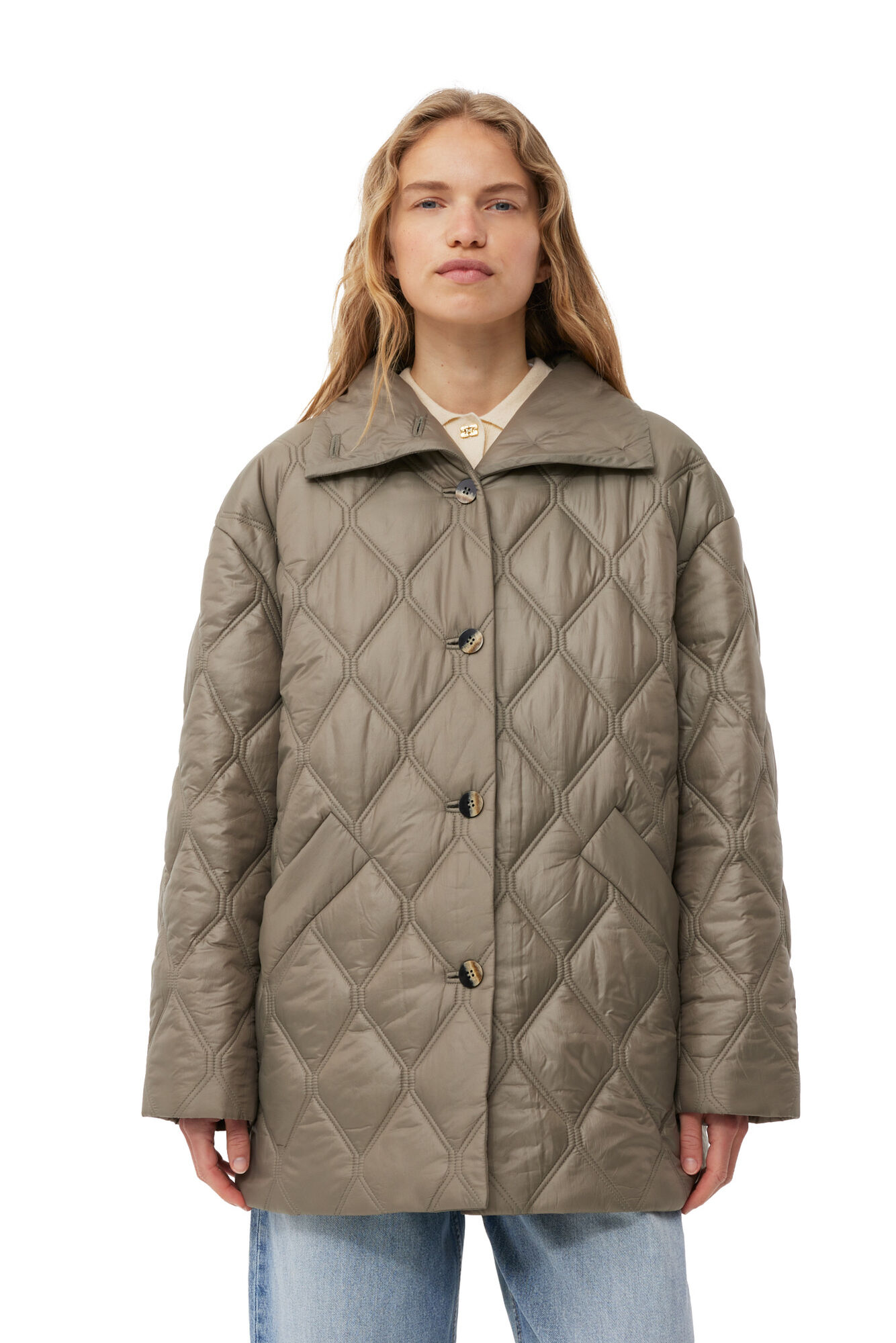 Brown Shiny Quilt Jacket, Recycled Polyamide, in colour Fallen Rock - 1 - GANNI