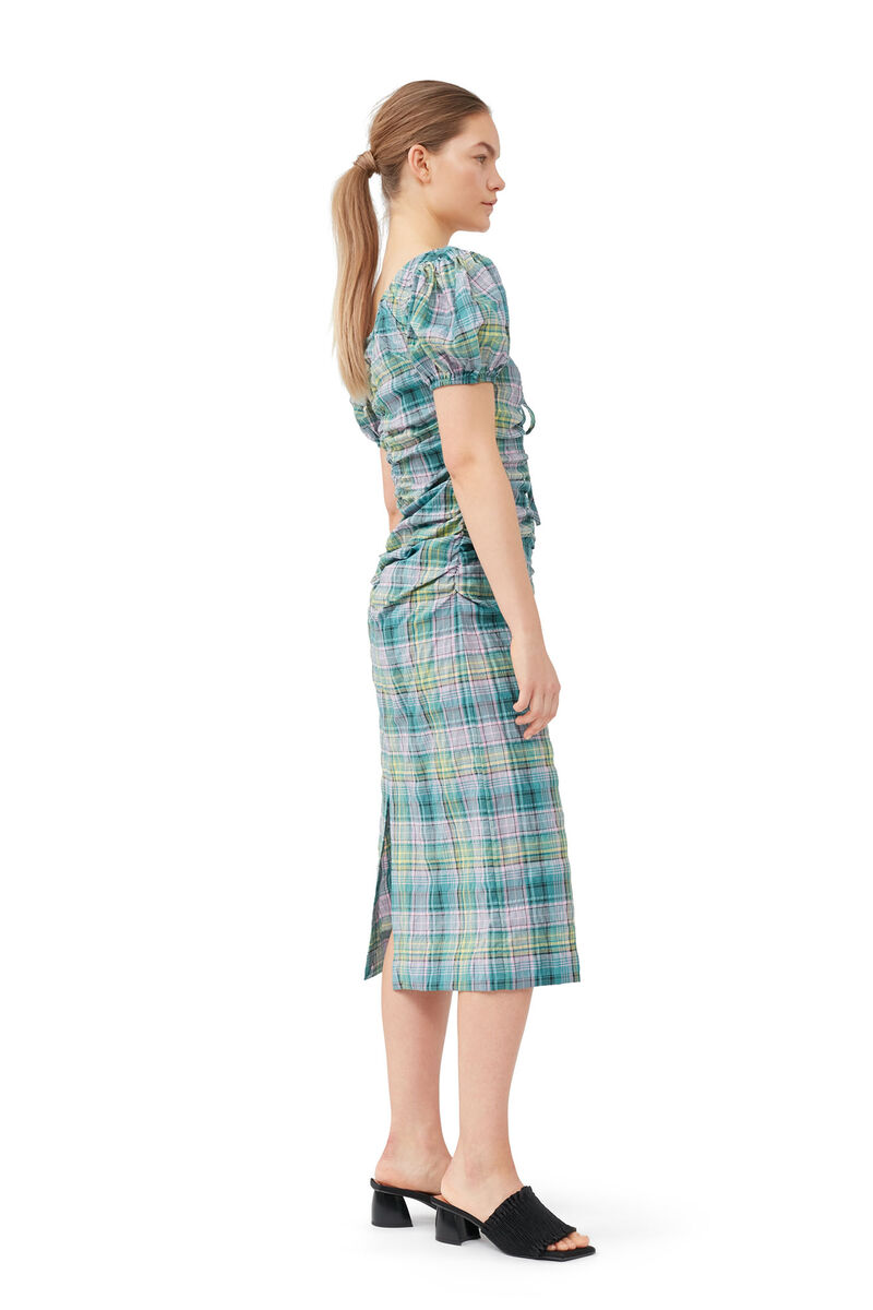 Seersucker Check Gathered U-neck Midi Dress, Organic Cotton, in colour Lagoon - 3 - GANNI