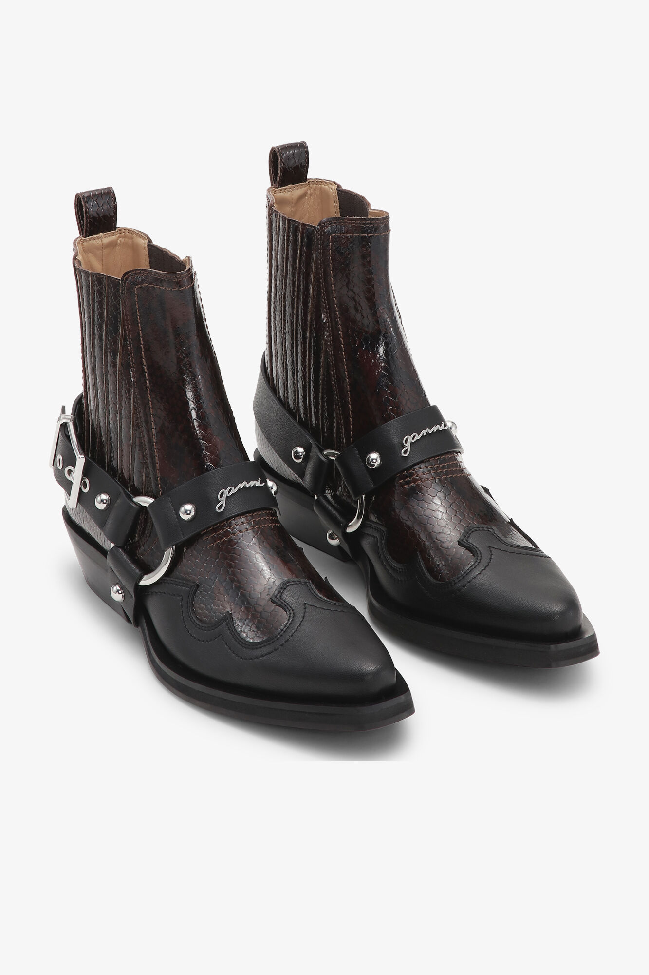 Dark Burgundy Low Cut Western Chelsea Boots, Polyester, in colour Black/Dark Burgundy - 2 - GANNI