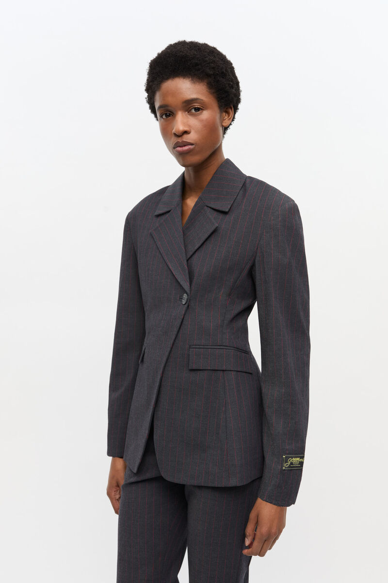 Black Pinstripe Blazer, Elastane, in colour Phantom - 1 - GANNI