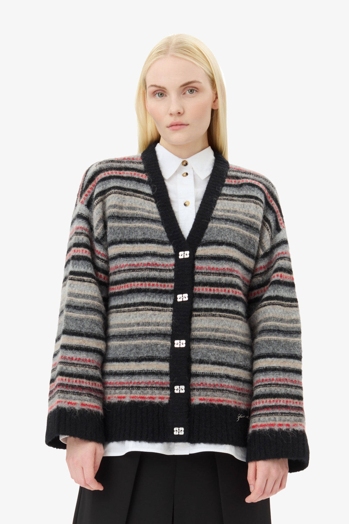 Stripe Boxy Cardigan, Alpaca, in colour Phantom - 1 - GANNI
