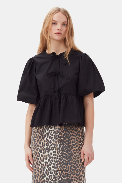 Ganni Cotton Poplin Peplum Tie Blouse In Black Size 6 Women's Organic Cotton