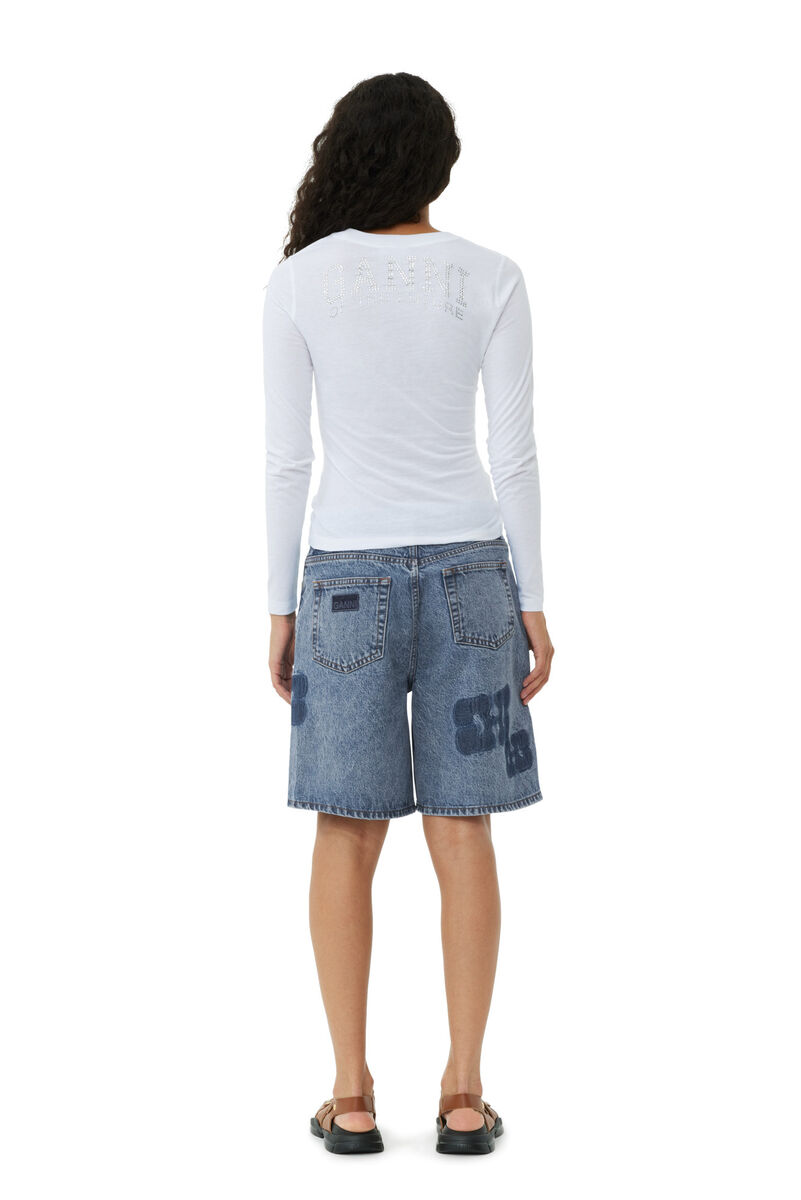 Patch Denim Shorts, Cotton, in colour Mid Blue Stone - 4 - GANNI