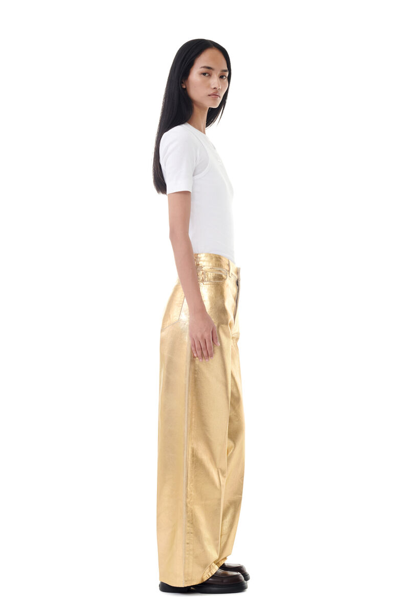 Gold Foil Wide Jeans, Cotton, in colour Egret - 2 - GANNI