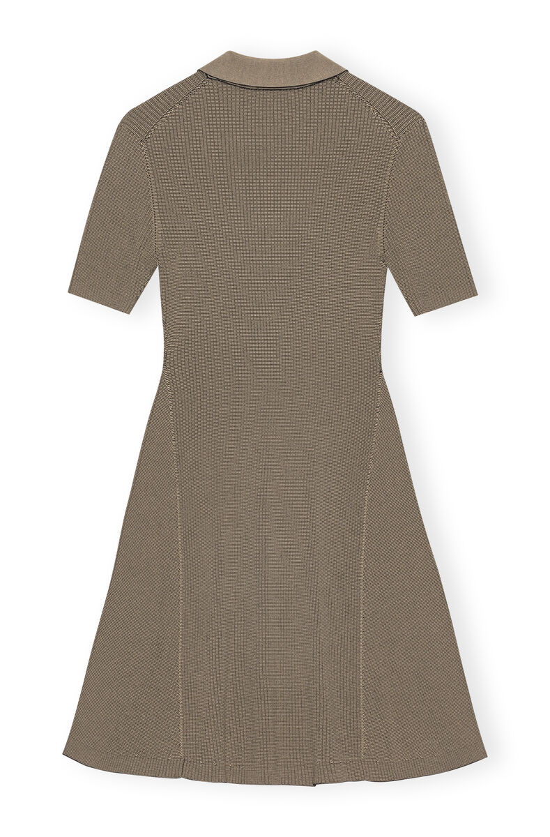 Brown Melange Knit Short Sleeve Mini Dress, Elastane, in colour Safari - 2 - GANNI