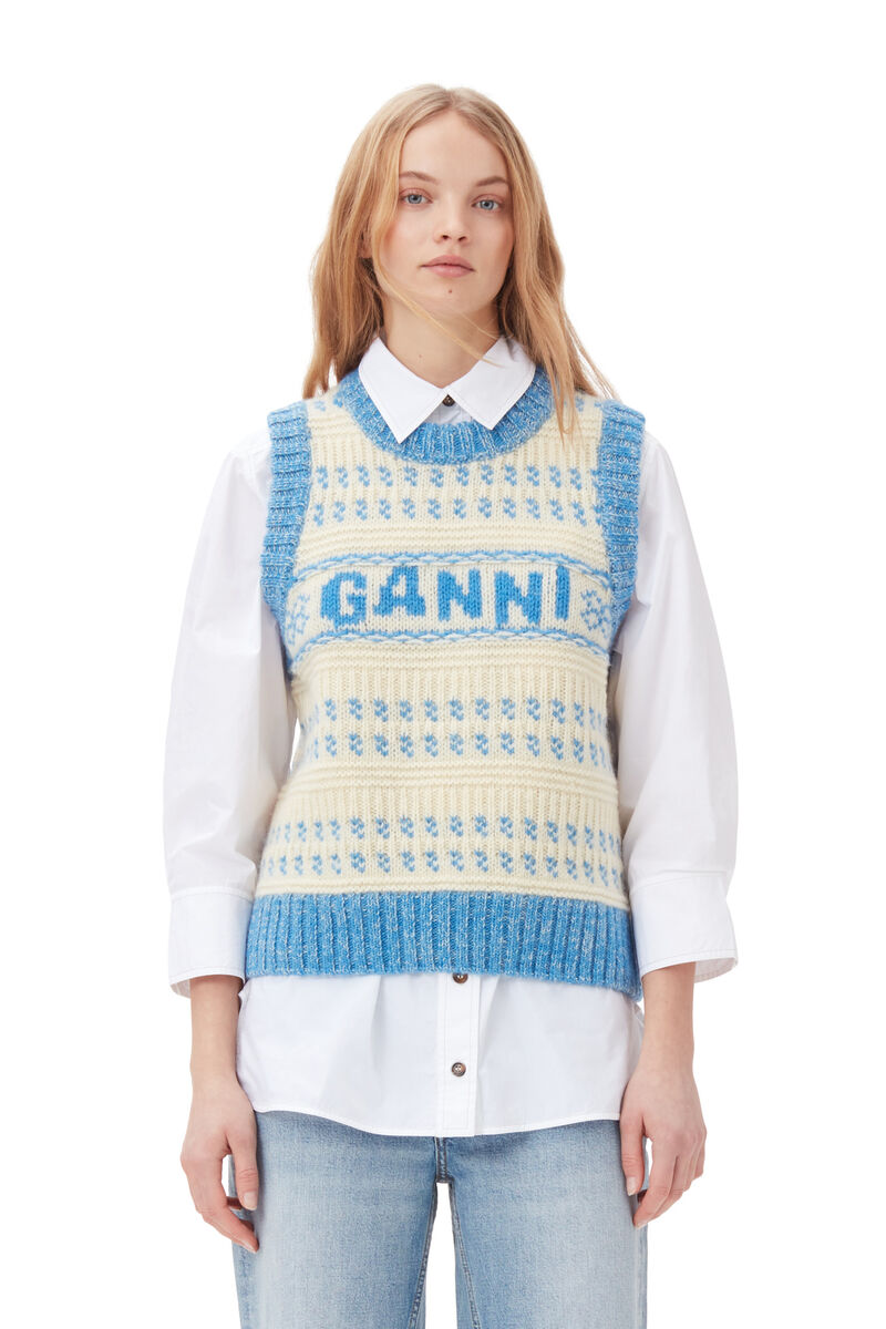 Blue Graphic O-neck-vest, Organic Wool, in colour Strong Blue - 1 - GANNI