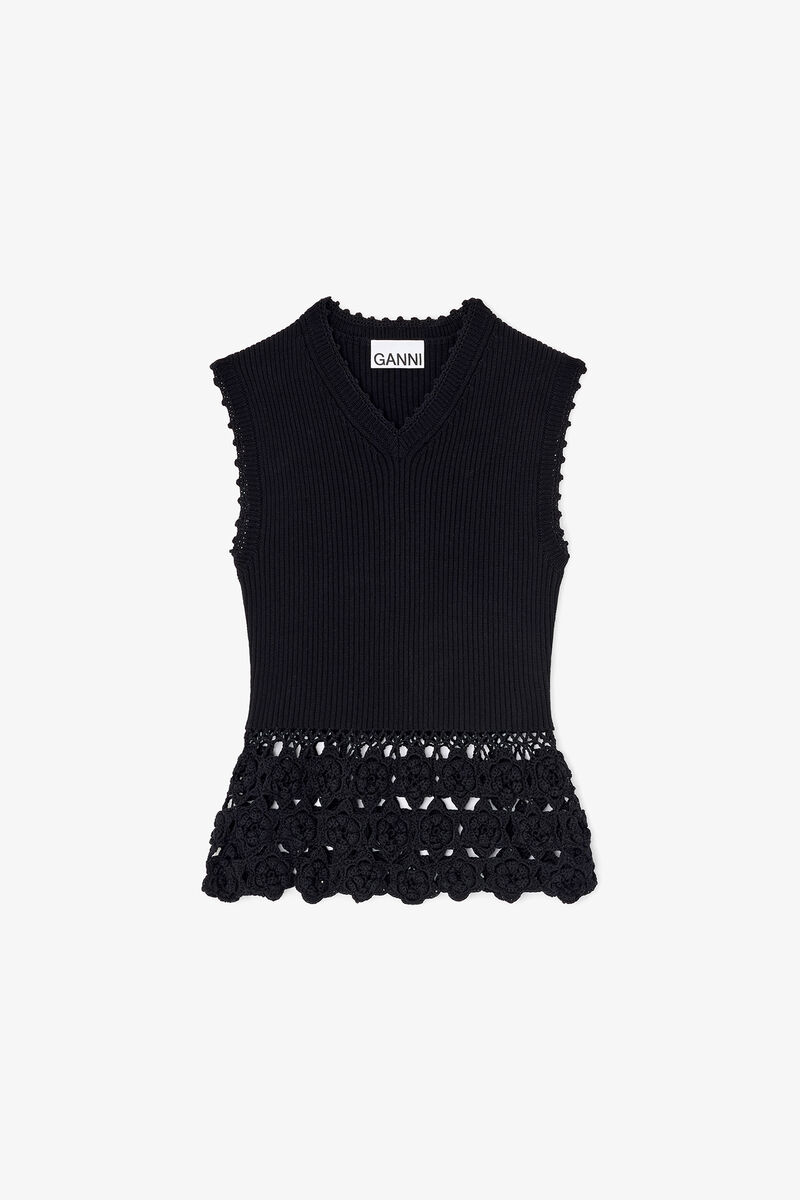 Vest i bomuldscrochet, Organic Cotton, in colour Black - 1 - GANNI