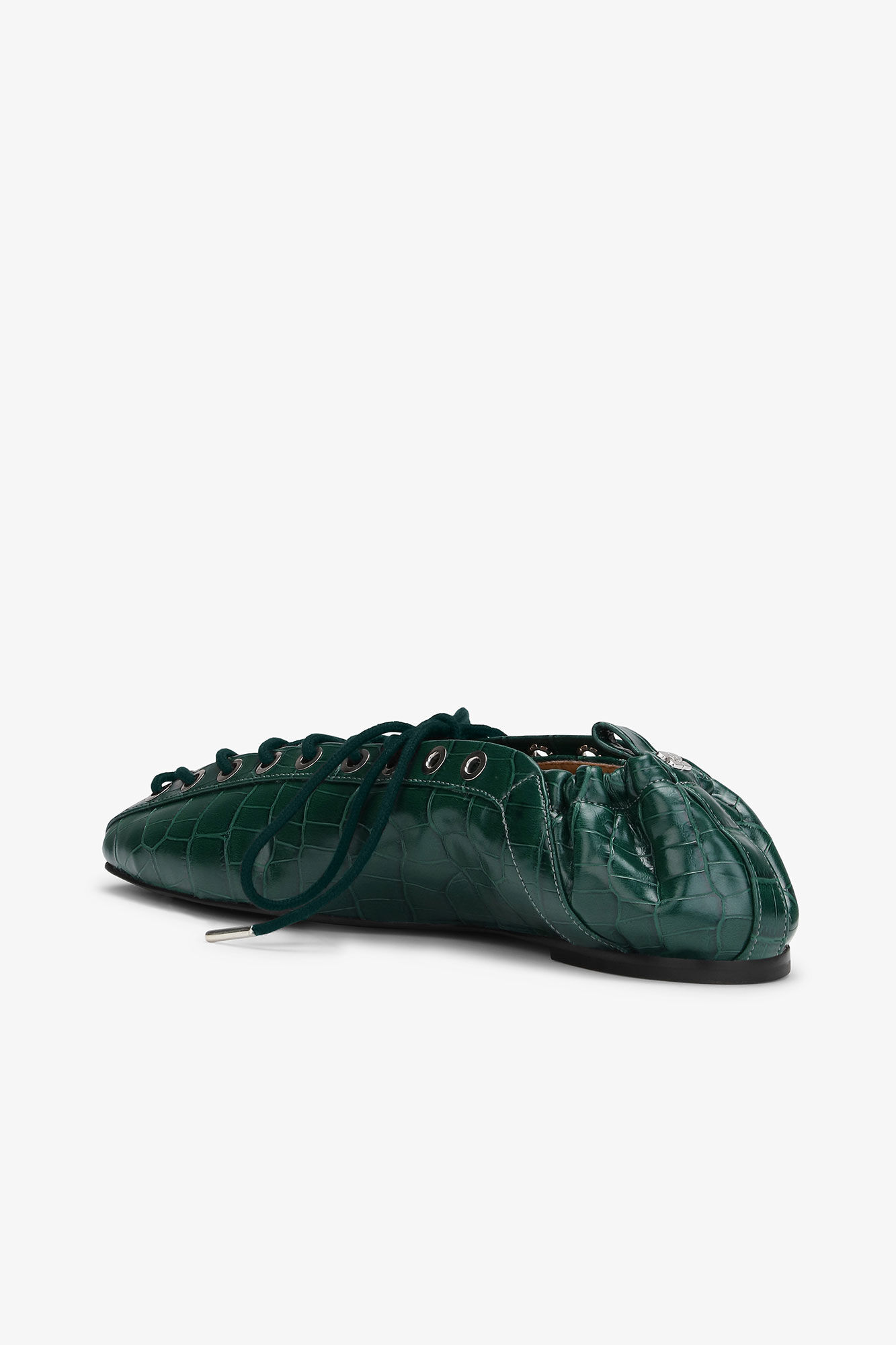 Green Croc-Embossed Lace-Up Flats, Polyurethane, in colour Pineneedle - 3 - GANNI