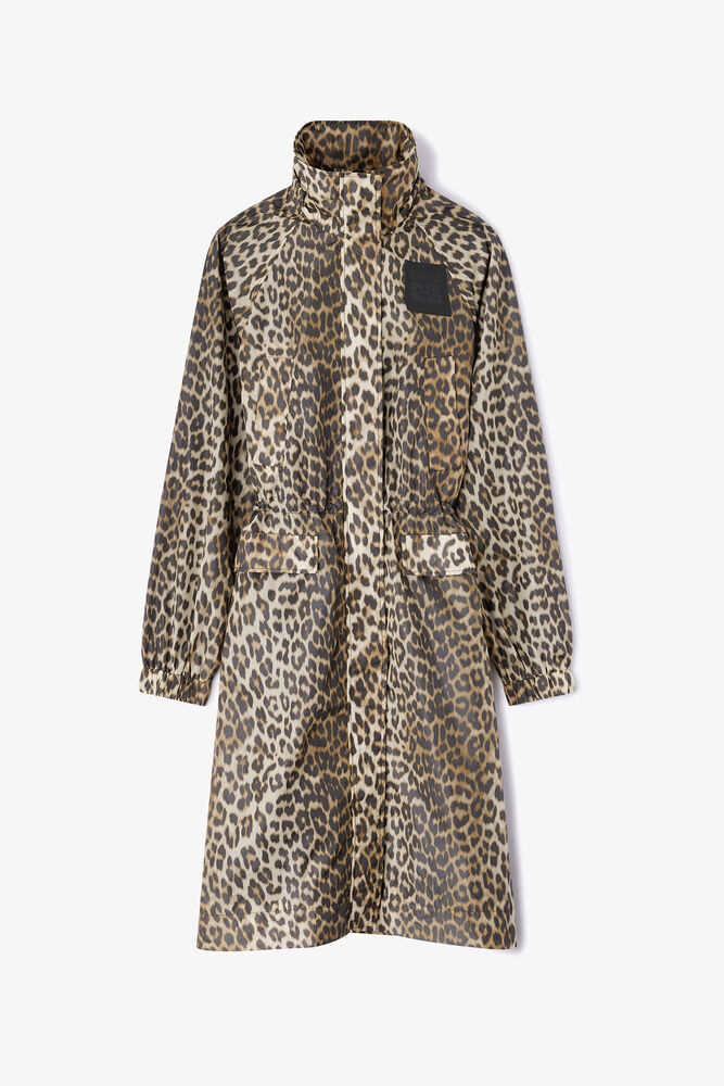 Leopard Nylon Parka Coat, Almond Milk