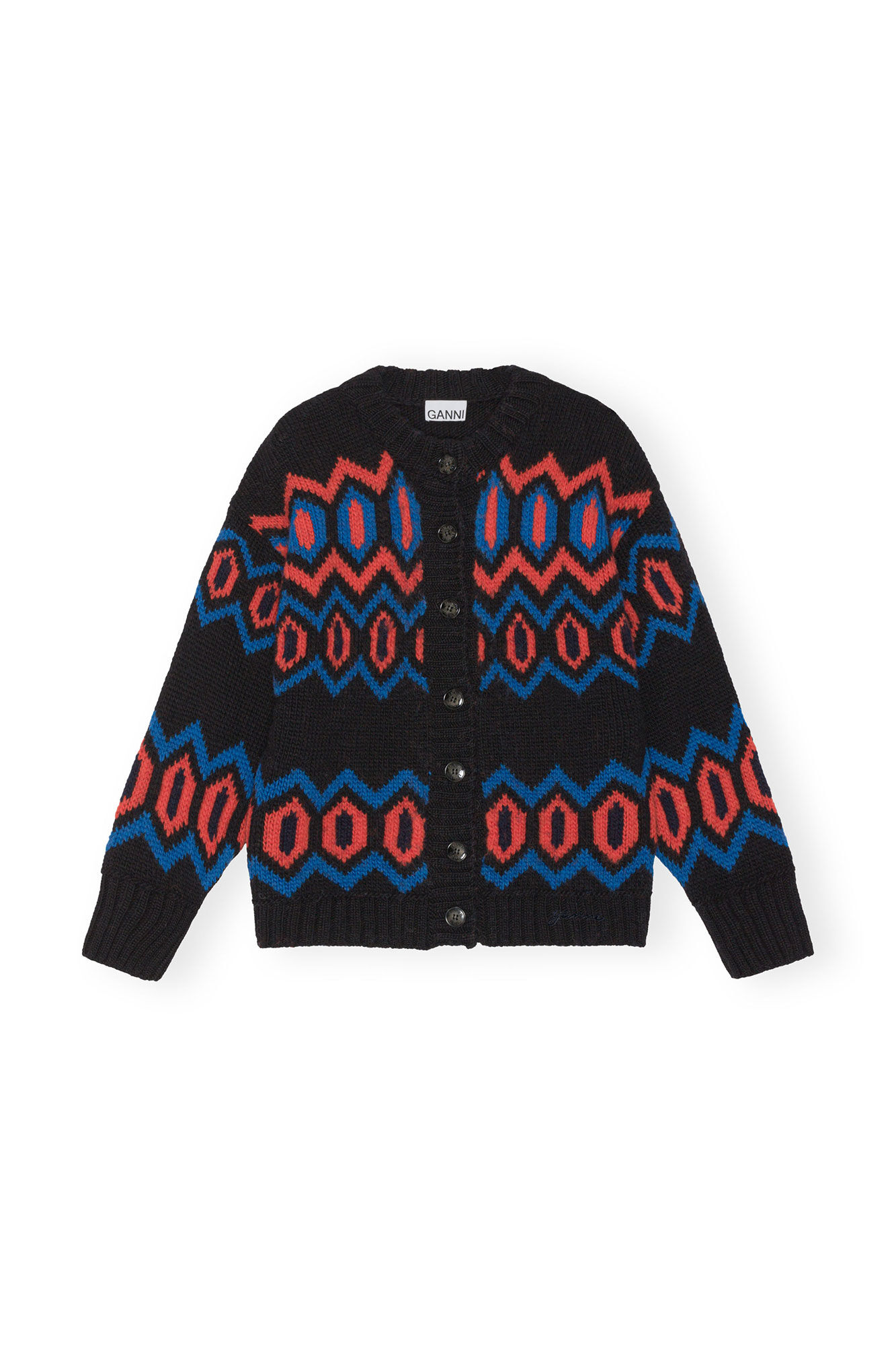 Black Chunky Graphic Wool Cardigan, Organic Wool, in colour Black - 1 - GANNI