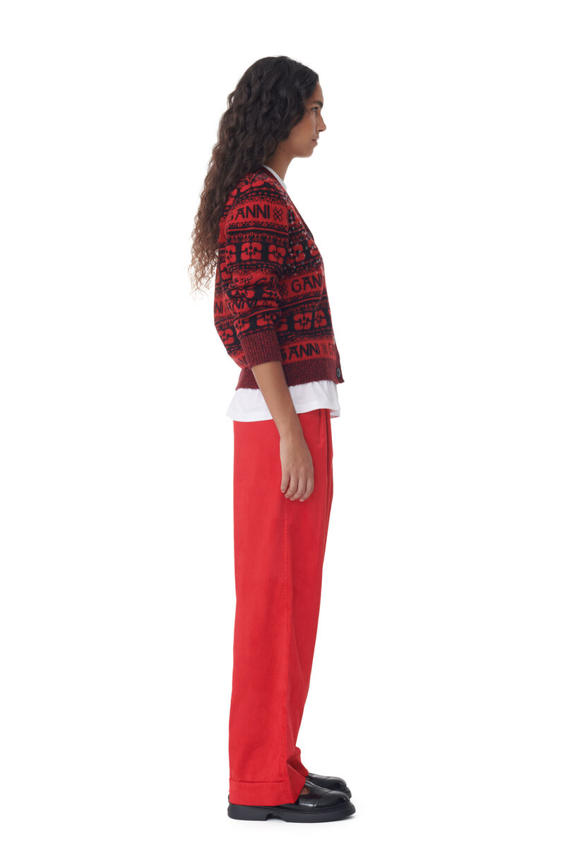 Red Shiny Corduroy Loose Pleat Trousers, Organic Cotton, in colour High Risk Red - 2 - GANNI