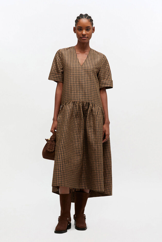 Crinkled Check Long Dress, Tobacco Brown