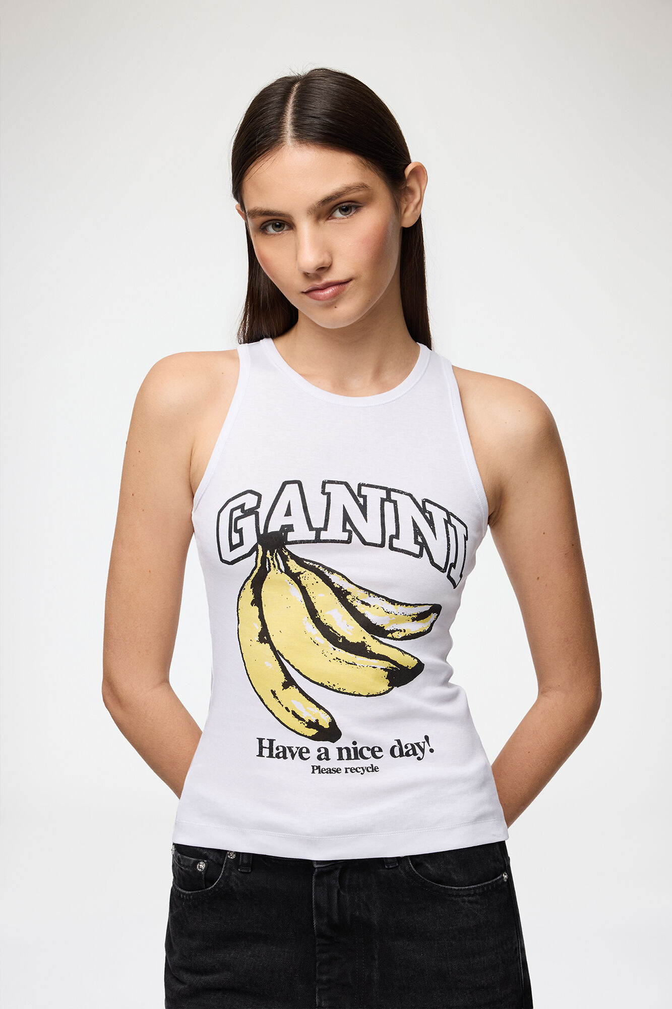 Tank Top with Banana, Organic Cotton, in colour Bright White - 1 - GANNI