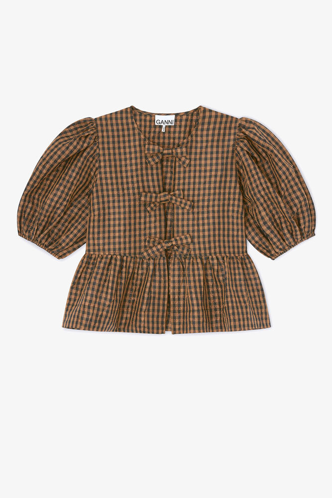 Crinkled Check Blouse, Tobacco Brown