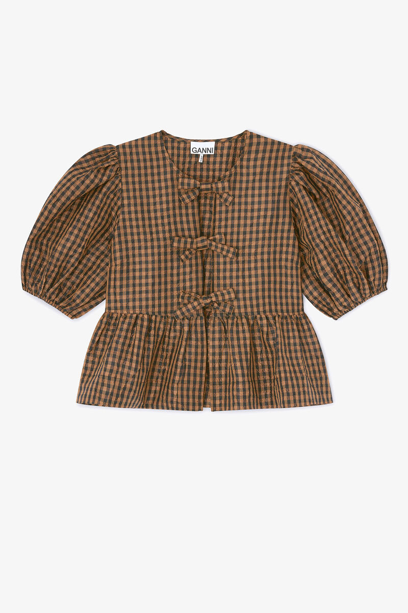 Crinkled Check Blouse, in colour Tobacco Brown - 1 - GANNI