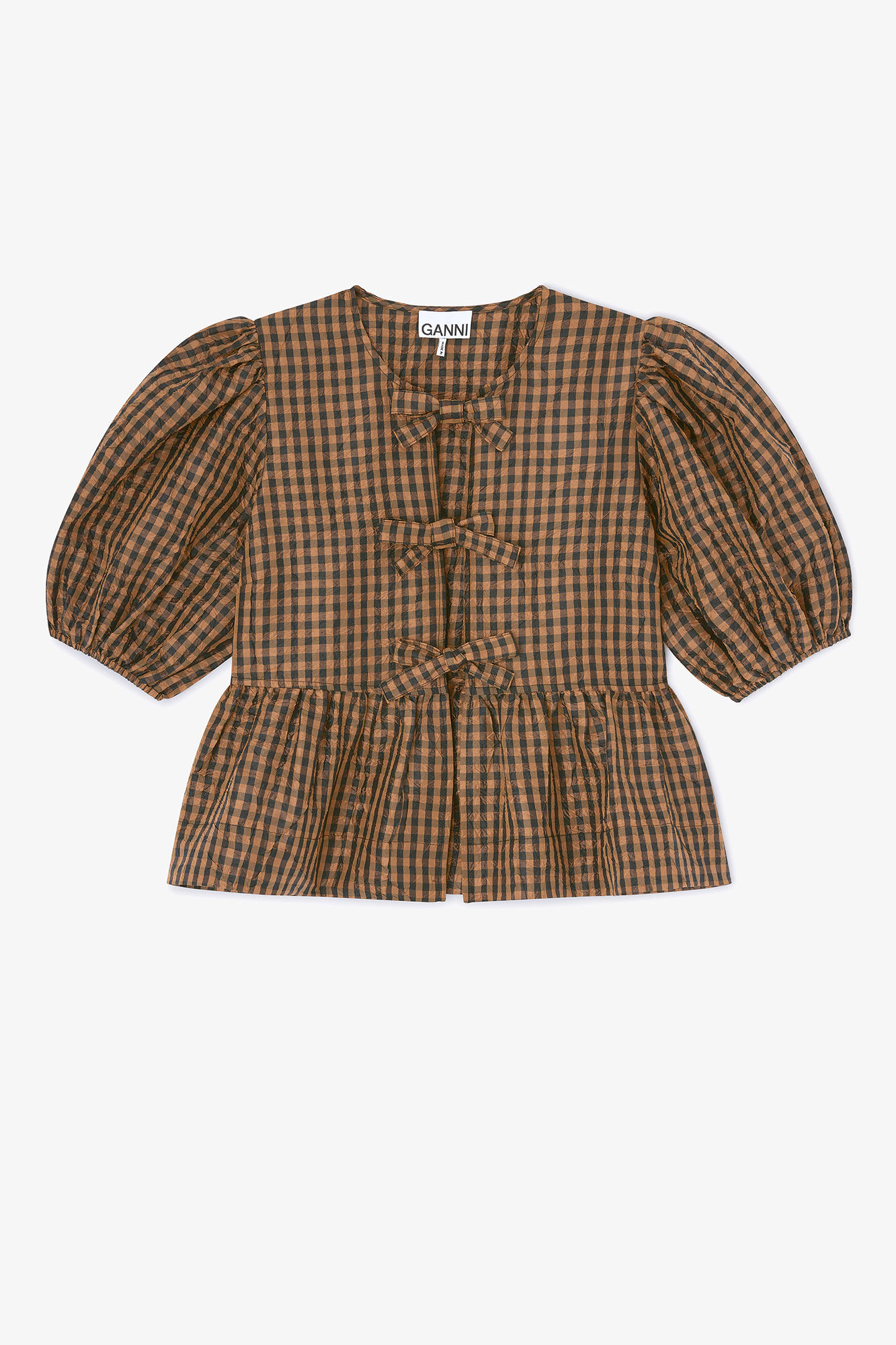 Crinkled Check Blouse, in colour Tobacco Brown - 1 - GANNI