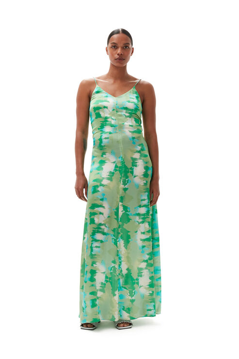 Ganni Stretch Satin Maxi Slip Dress In Lily Green