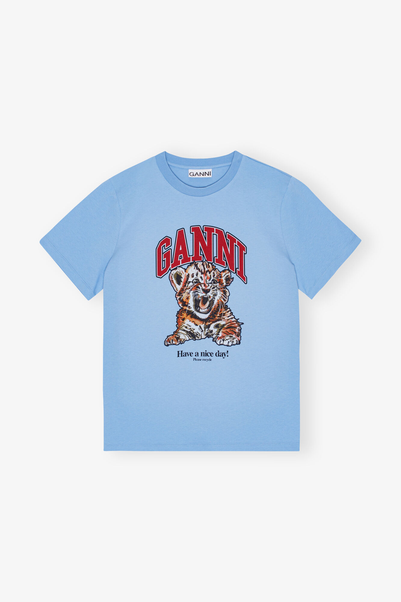 Blue Relaxed Jersey Tiger T-shirt, Organic Cotton, in colour Blissful Blue - 1 - GANNI