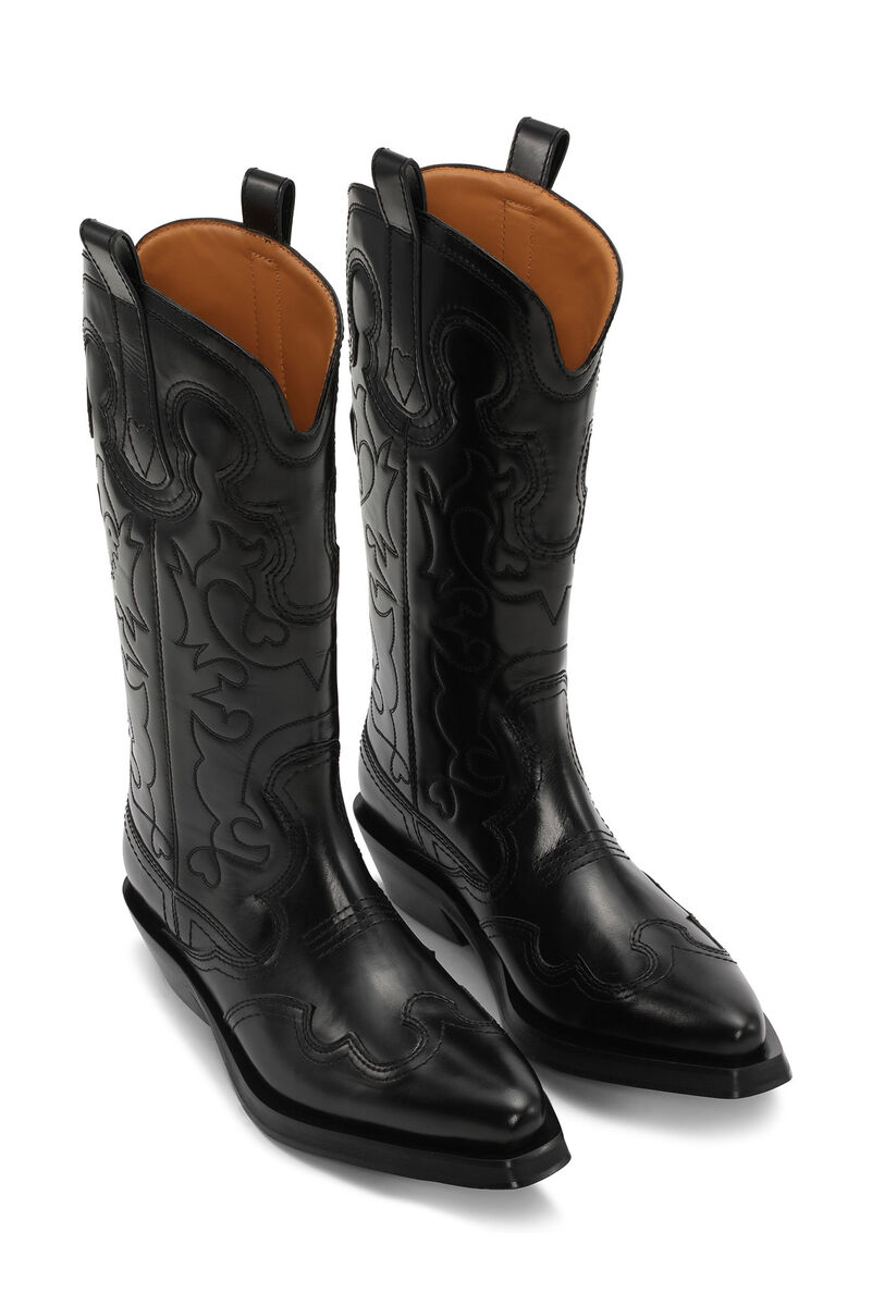 Black Mid Shaft Embroidered Western Boots, Calf Leather, in colour Black/Black - 2 - GANNI