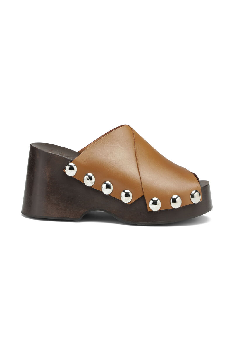 Wedge Clogs, Leather, in colour Tiger's Eye - 1 - GANNI