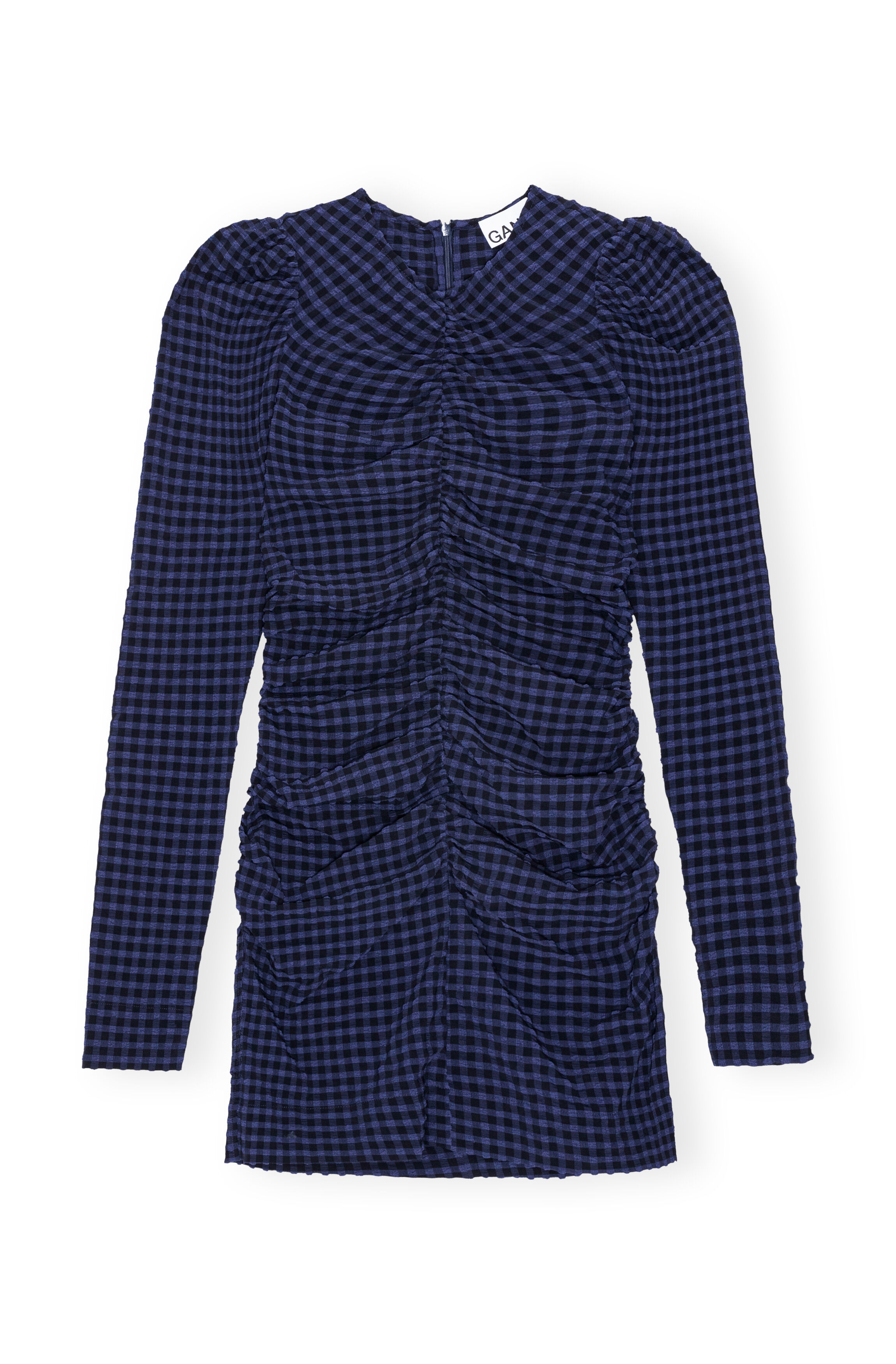 Deep Cobalt Blue Checkered Seersucker O-Neck Mini Dress