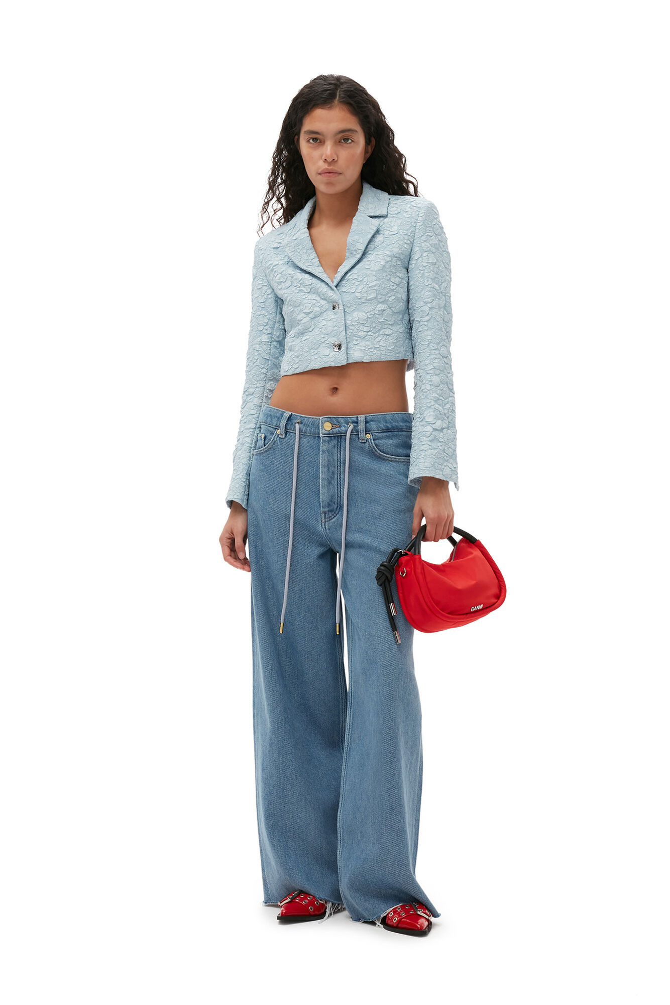 Heavy Denim Wide Drawstring Jeans, Cotton, in colour Light Blue Stone - 1 - GANNI