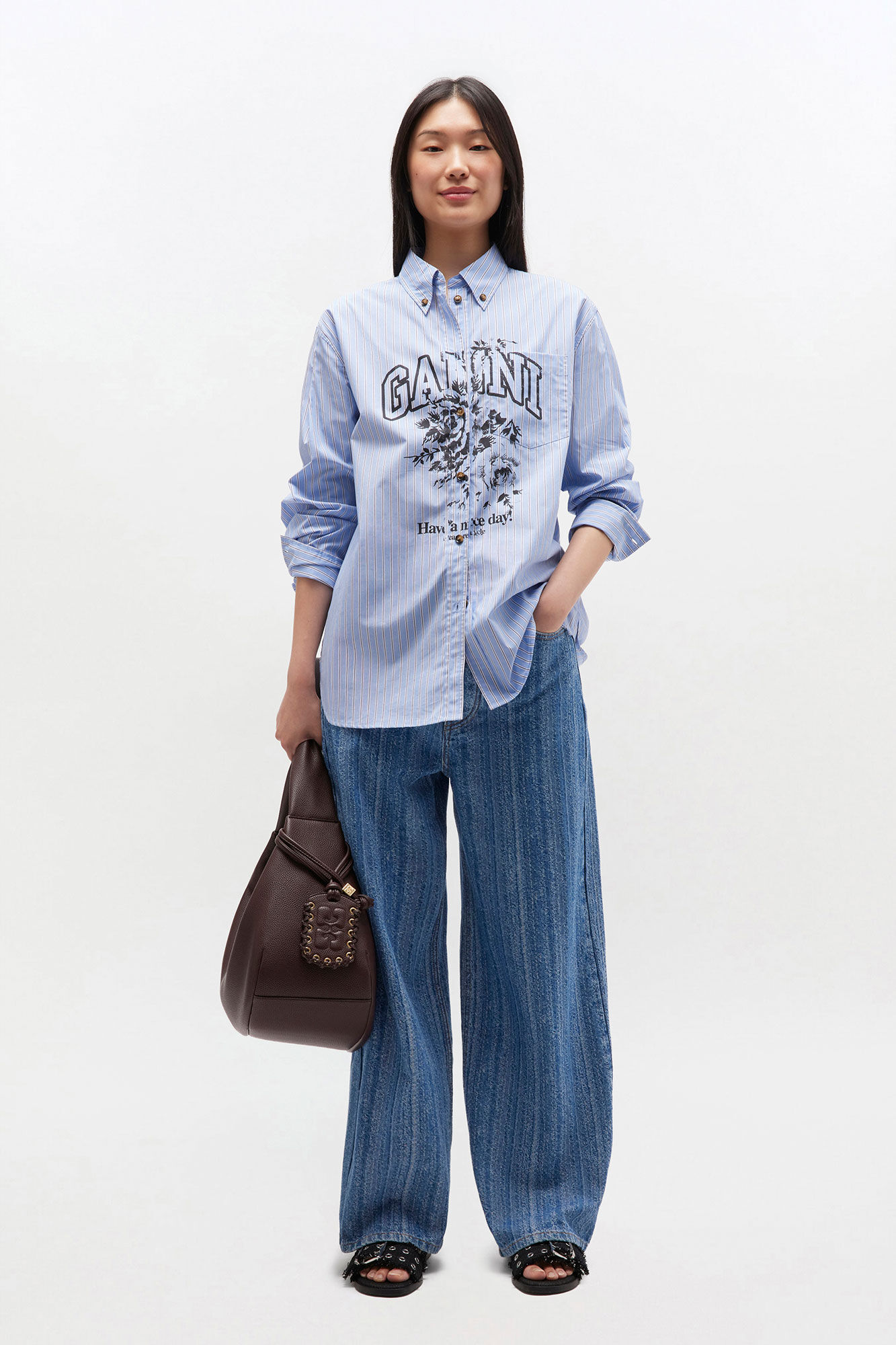 Blue Stripe Logo Shirt, Cotton, in colour Lavender Lustre - 2 - GANNI