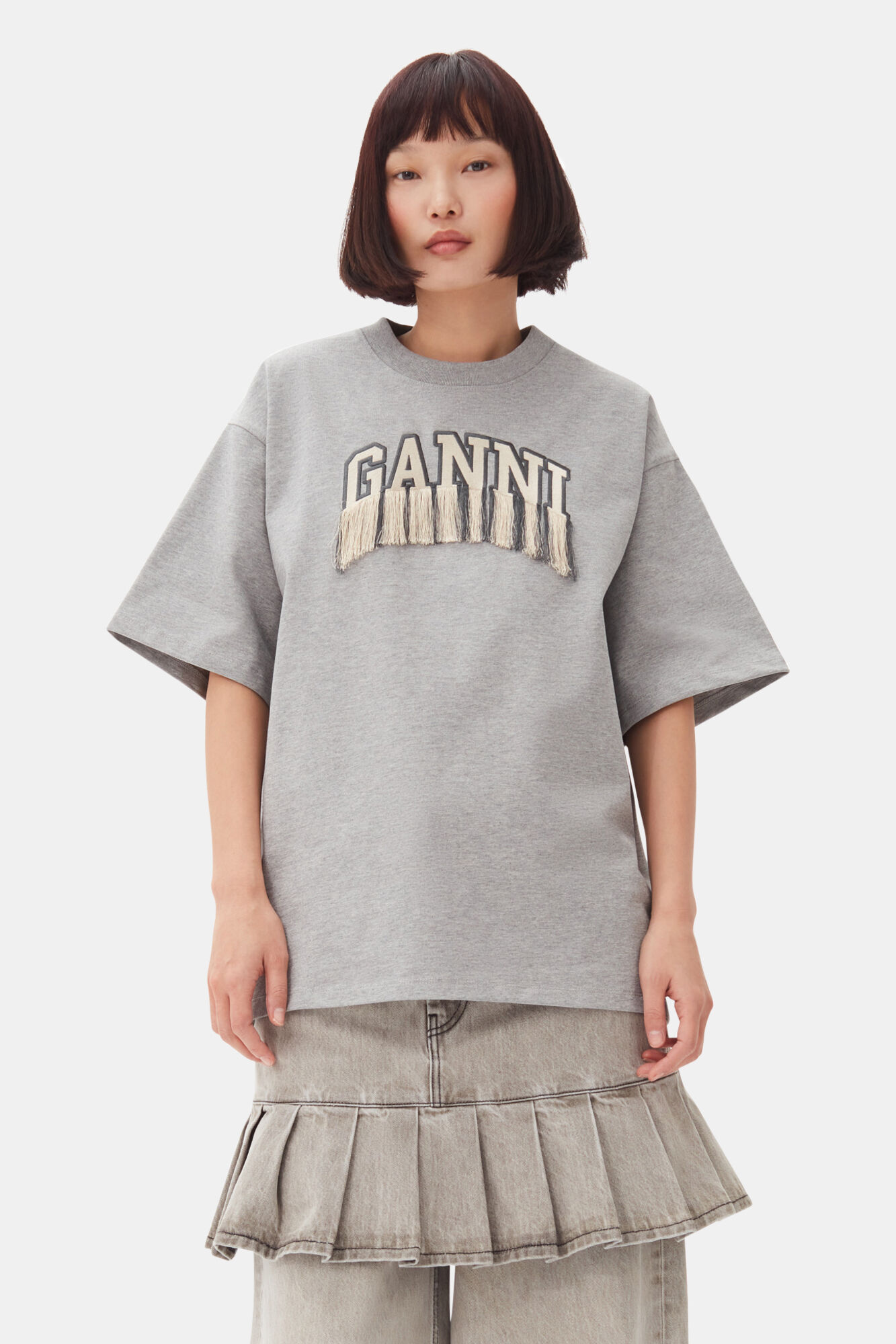 Grey Heavy Cotton Drop Shoulder Fringe T-shirt, Cotton, in colour Paloma Melange - 1 - GANNI