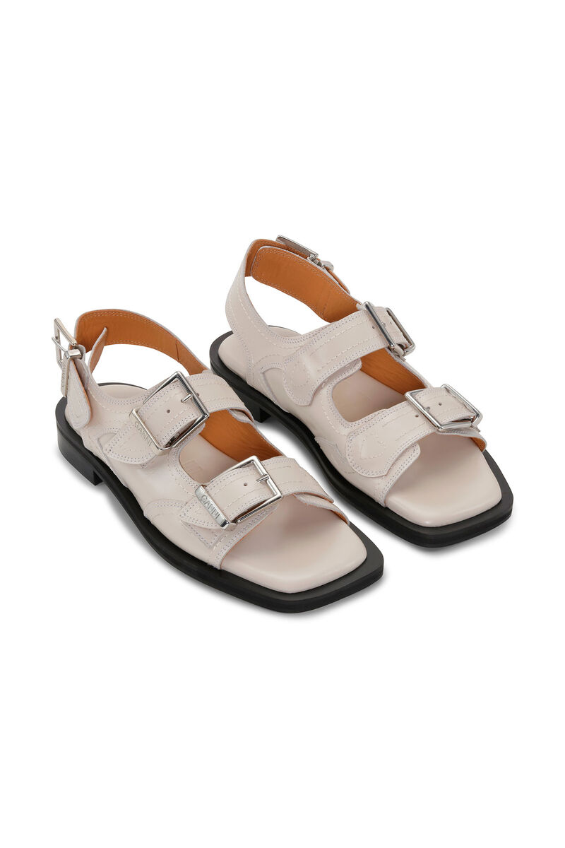 White Embroidered Western Sandals, Calf Leather, in colour Egret - 3 - GANNI